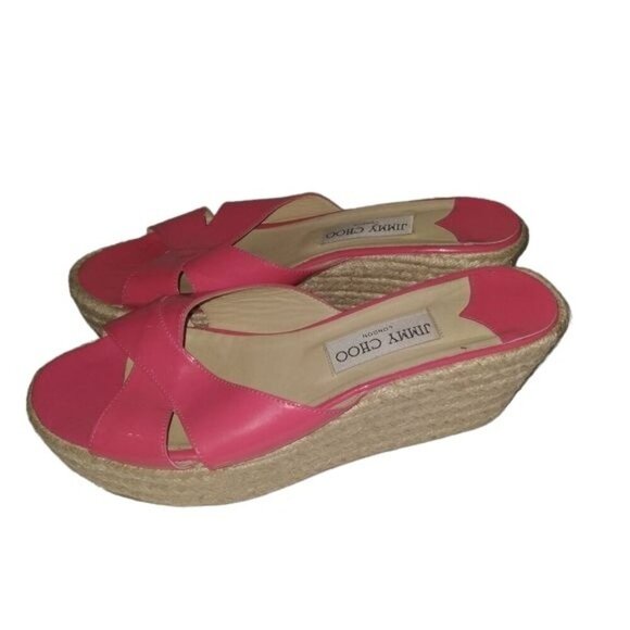 Jimmy Choo Pink Jute Wedge Platform Sandals - Picture 2 of 6